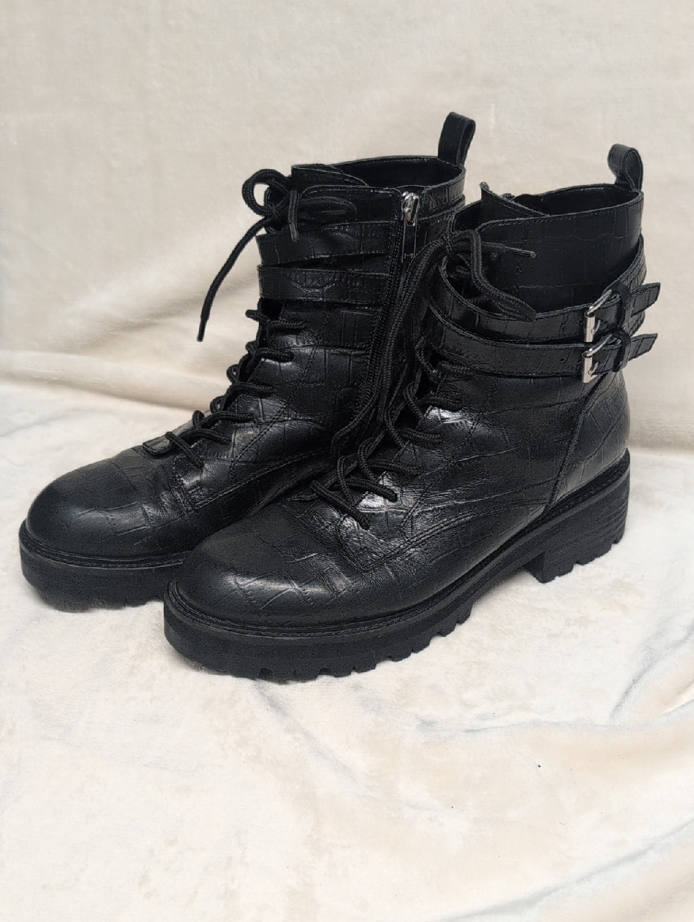 Marc Fisher Black Croc-Texture Lace-Up Buckle Combat Boots